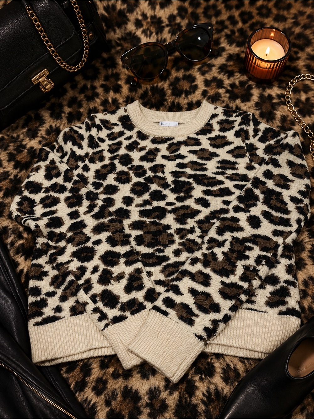 Leopard Print Crewneck Sweater in Cream and Brown